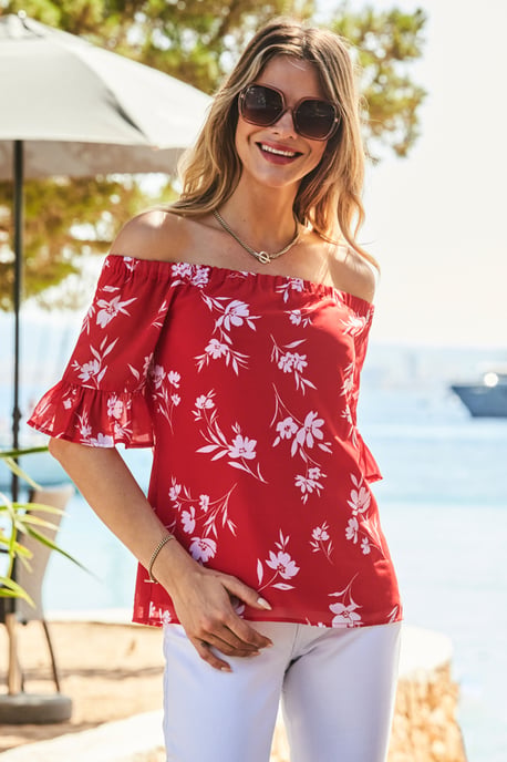 Red & White Floral Print Ruffle Sleeve Bardot Top