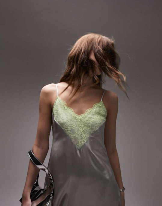 Topshop lame and lace cami midi dress in silver and lime