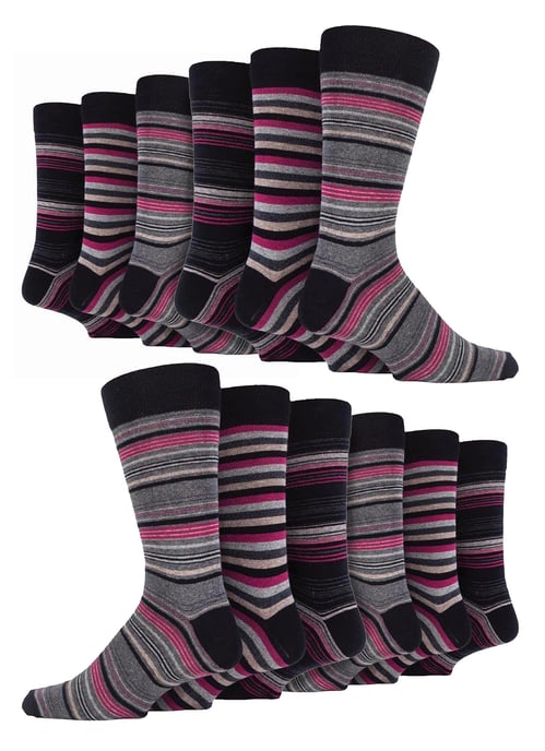 Paquete de 12 pares de calcetines de vestir para hombre de algodón a rayas coloridas | Sock Snob | Calcetines de vestir casuales con patrón - Tokio - Image 1