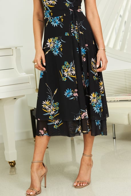 Black Floral Print Mesh Wrap Dress