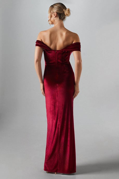 Corset Bardot Velvet Bridesmaids Maxi Dress