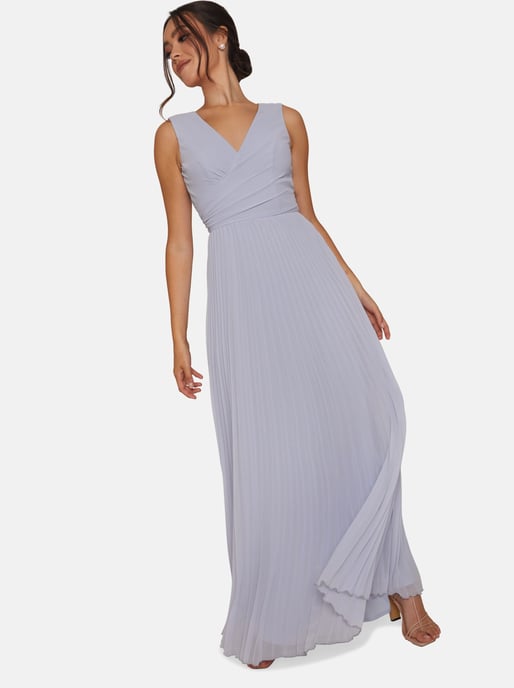 Plus Size V Neck Pleated Maxi Dress in Blue