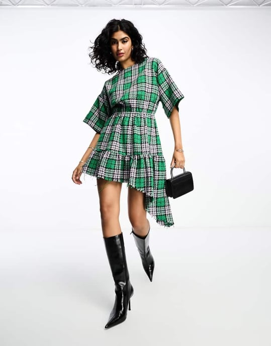 ASOS DESIGN boucle mini smock dress with frayed hem in green check-Multi