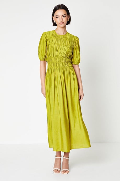 Shirred Bodice Puff Sleeve Midi Dress