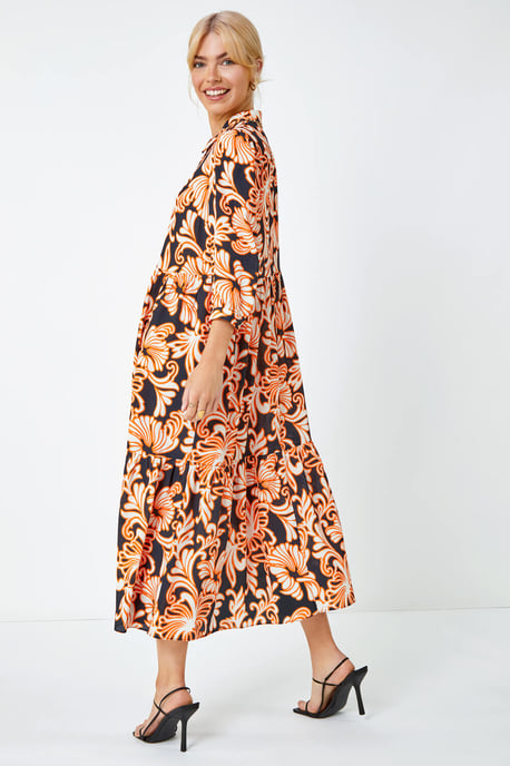 Floral Print Tiered Midi Shirt Dress