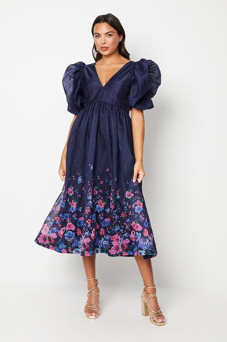 Organza Puff Sleeve Dress With Tie Back