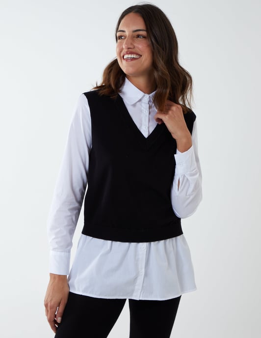 LEONIE - 2 in 1 Knit Vest & Collared Shirt Top - Image 1
