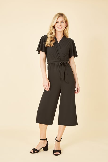 Mela Black Wrap Over Jumpsuit With Angel Sleeve