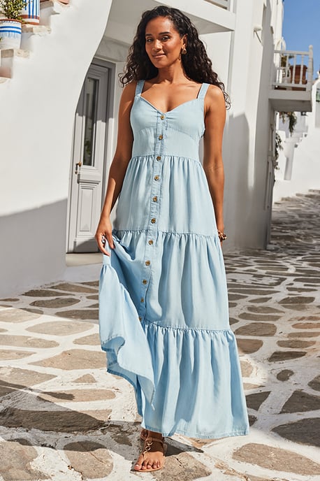 Light Wash Button Front Tiered Hem Denim Dress