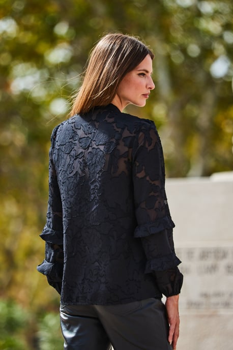 Black Floral Jacquard Ruffle Sleeve Blouse