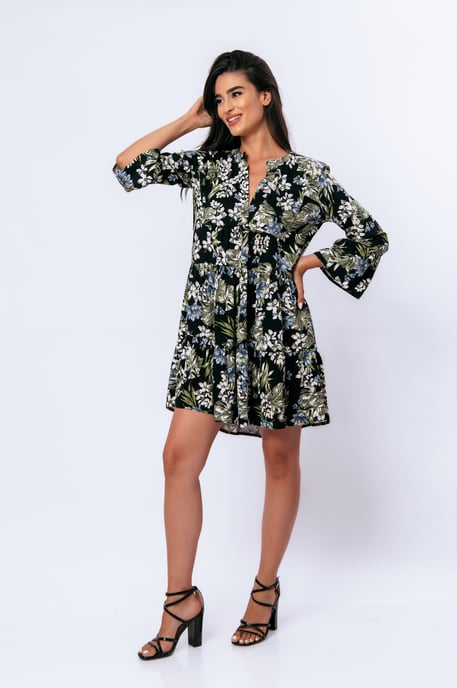 Vestido floral caqui, crudo y azul con mangas acampanadas - Image 6