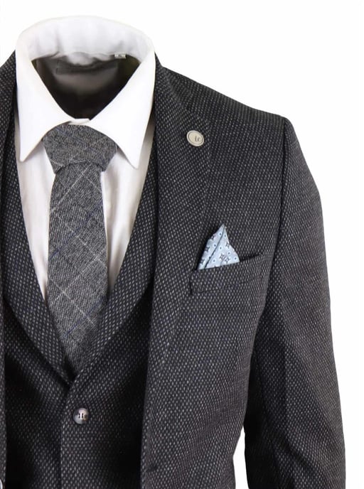 Traje de tweed de espiga negro de tres piezas para hombre - Image 5