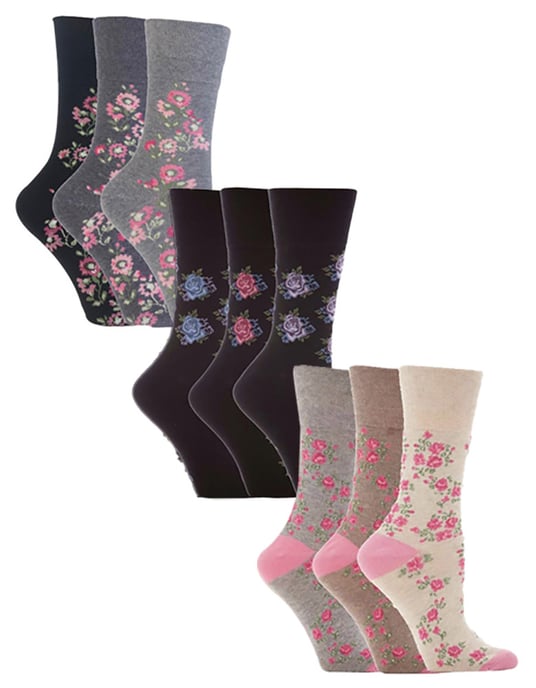 Paquete múltiple de 9 pares de calcetines no elásticos de algodón para mujer - Floral 1 - Image 1