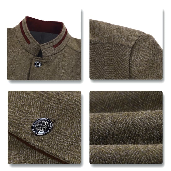 Men's Short Slim Fit Coat with Stand-Up Collar Business Casual Wool Overcoat Khaki - Image 5