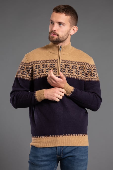 Camel 1/4 Zip Colourblock And Jacquard Funnel Neck Jumper
