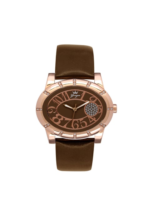 Yonger and Bresson: Brown Leather Band with Rose Gold Bezel and Numerals Watch