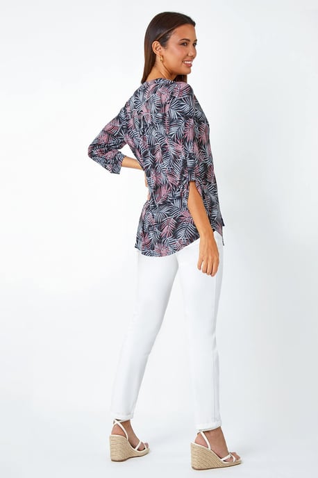 Leaf Print V-Neck Stretch Jersey Blouse