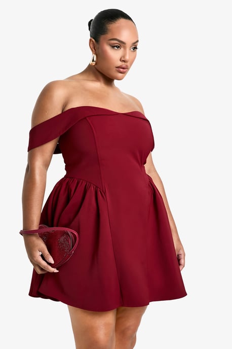 Plus Off The Shoulder Pleated Skater Dress