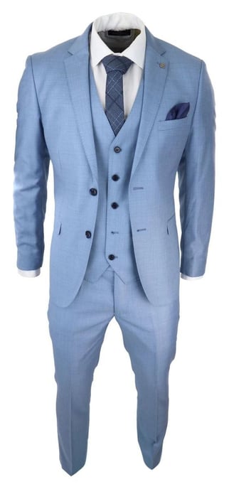 Traje retro clásico de 3 piezas con puntadas en azul claro para hombre - Image 4
