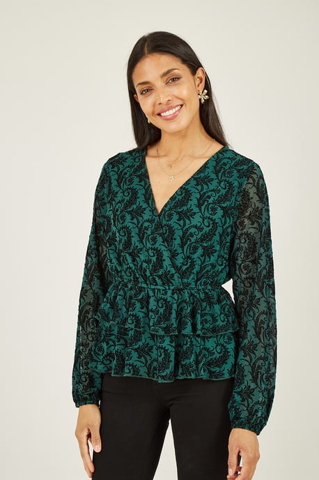 Green Velour Printed Long Sleeve Wrap Top