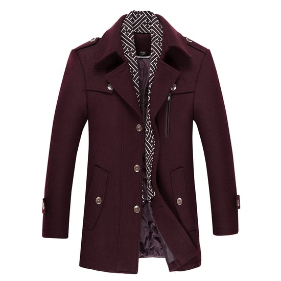 Men's Winter Thickened Solid Color Lapel Casual Wool Coat with Striped Collar Camel Burgundy