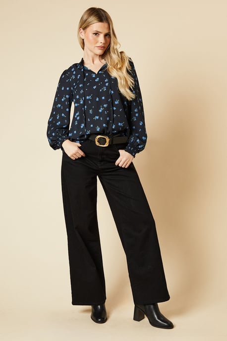Blue Ditsy Shirred Cuff Blouse