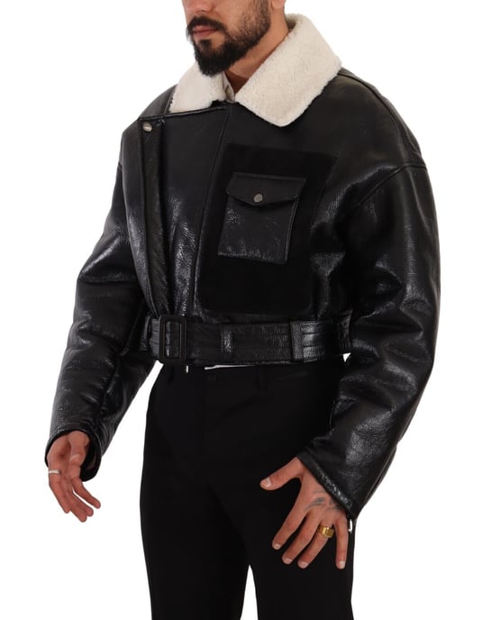 Abrigo de motociclista de cuero negro con forro de piel de oveja para hombre de Dolce & Gabbana - Image 2