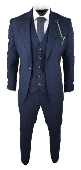 Traje clásico retro de tweed a cuadros azul marino de 3 piezas para hombre - Image 2