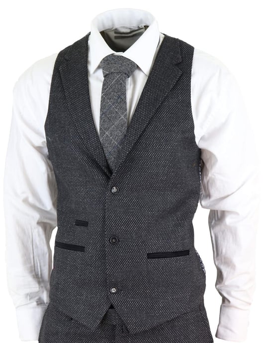 Traje de tweed de espiga negro de tres piezas para hombre - Image 4