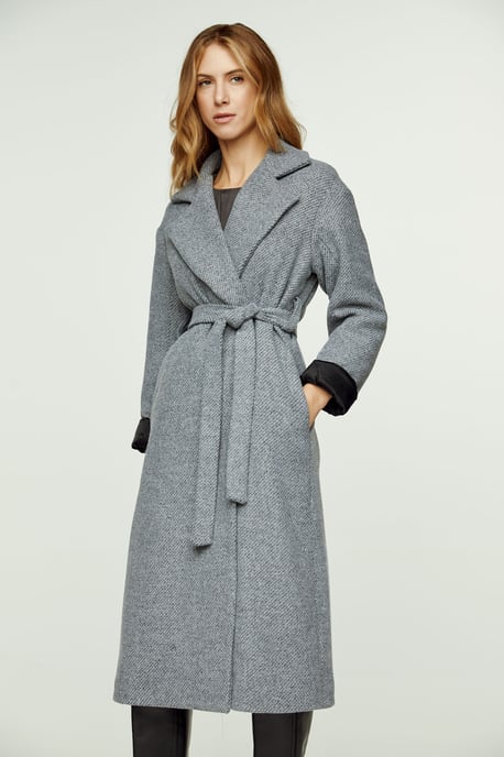 Woven Grey Melange Wool Winter Coat with Shawl Collar and Elegant Belt