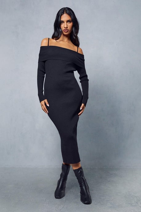 Knitted Ribbed Strappy Bardot Midi Dress