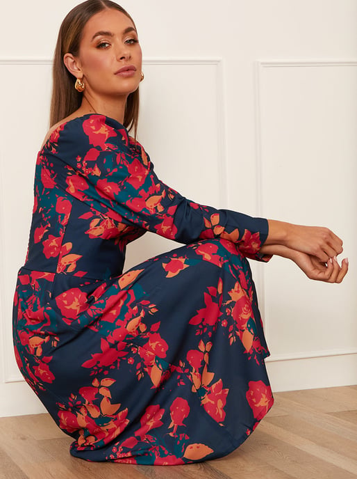 Long Sleeve Floral Midi Dress in Navy