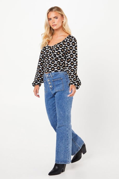 Petite Geo Twist Front Long Sleeve Top