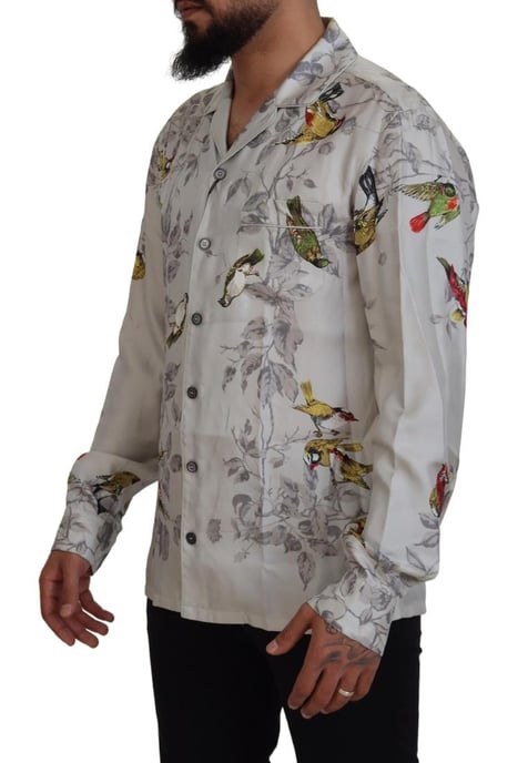 Camisa Casual de Seda Satinada con Estampado de Pájaro Blanco para Hombre de Dolce & Gabbana - Image 2