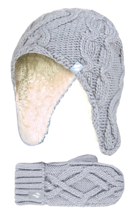 Heat Holders - Girls Majestic Soft Cosy Cable Knitted Design Bobble Trapper Hat and Mittens Gloves Set - Frost Grey - Image 1
