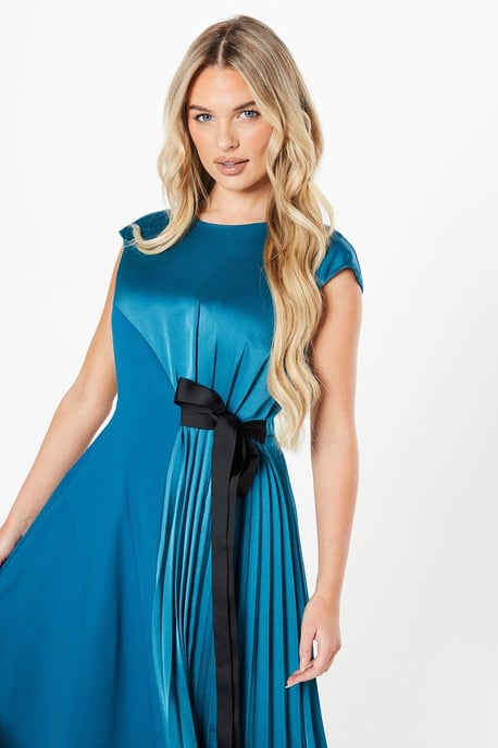 Petite Pleated And Panelled Contrast Tie Satin Midi Dress