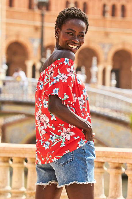 Red Floral Print Fluted Sleeve Bardot Top