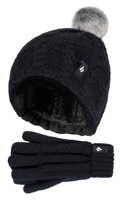 Heat Holders - Set de Sombrero con Pom Pom y Guantes para Niñas | Sombrero con Puño Doblado y Estilo de Guantes de Punto Trenzado - Negro - Image 1