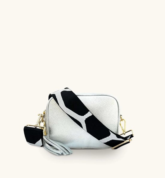 Silver Leather Crossbody Bag With Black & White Giraffe Strap