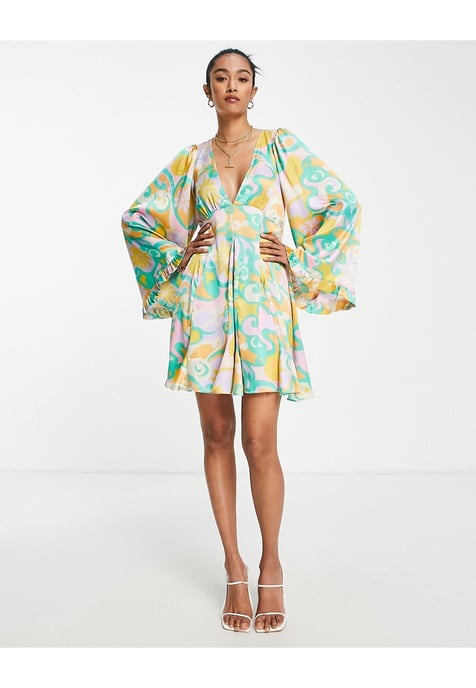 ASOS DESIGN mini smock dress with godets and flared sleeves in bright abstract floral-Multi