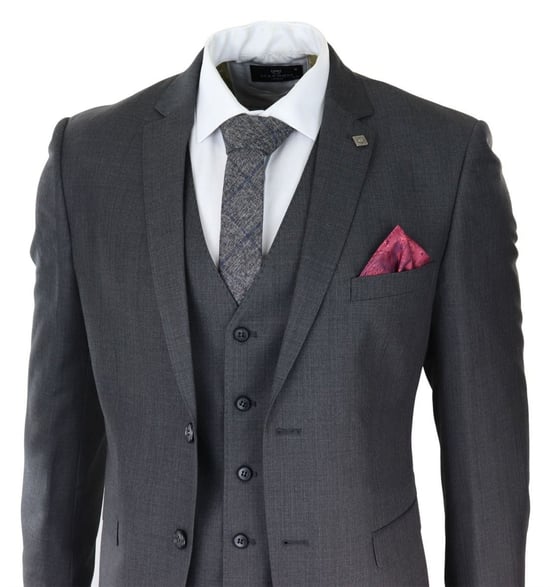 Traje retro clásico de 3 piezas con puntadas en gris carbón para hombre - Image 5