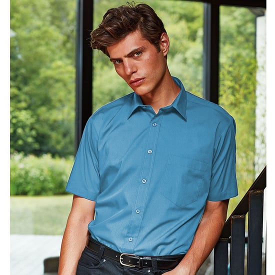 Premier Mens Short Sleeve Formal Poplin Plain Work Shirt (Turquoise) - Image 2