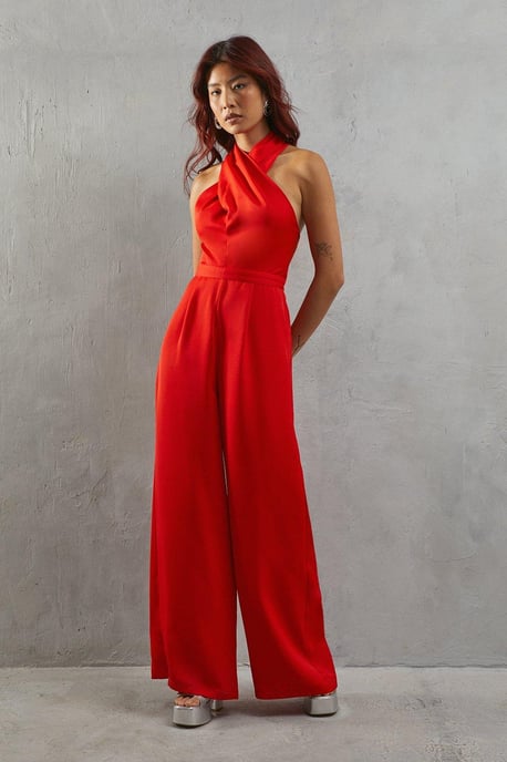 Twist Neck Satin Wide Leg Jumpsuit