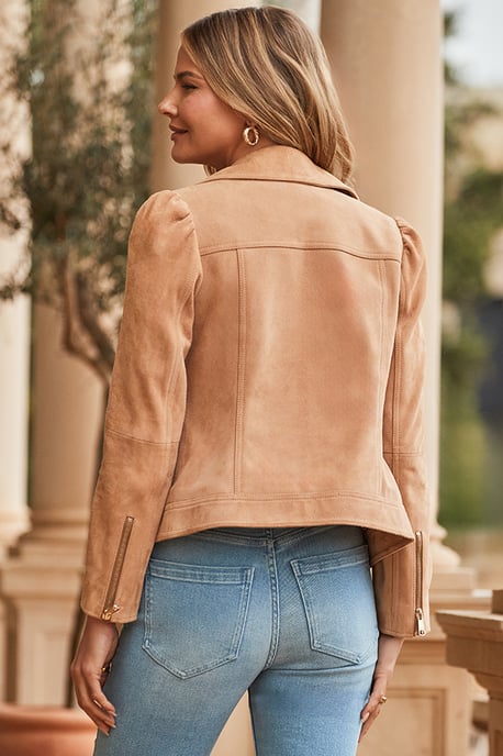 Camel Suede Ruched Sleeve Biker Jacket