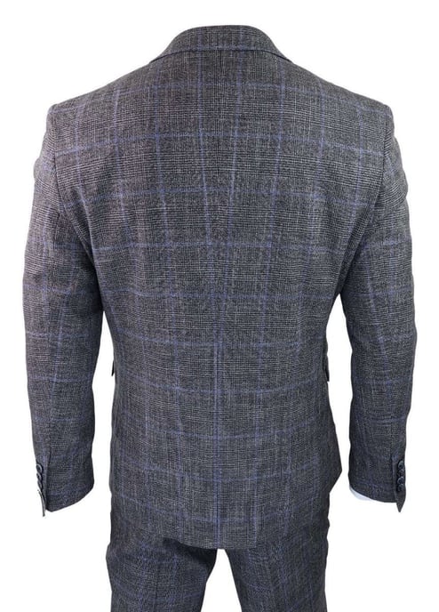 Traje clásico vintage de tweed de 3 piezas para hombre, de cuadros grises y azules - Image 3