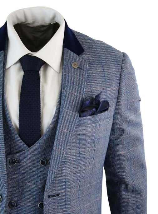 Traje de tres piezas de cuadros en espiga azul y gris para hombre - Image 4
