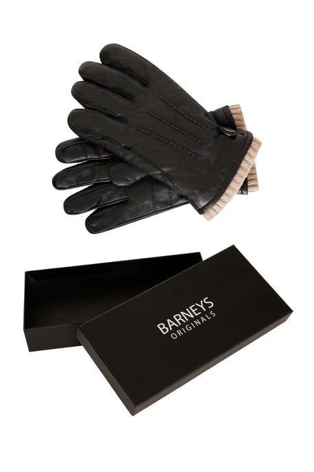 Barneys Originals Gift Boxed Black Goat Leather Glove with Cream Knit Cuff