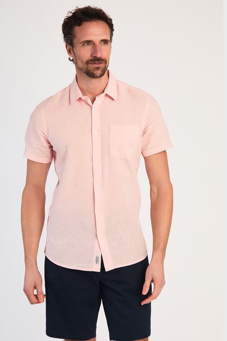 Pink Linen Blend Short Sleeve Button-Up Shirt With Chest Pocket