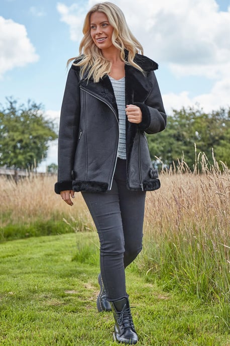 Faux Fur Lined Zip Detail Aviator Jacket