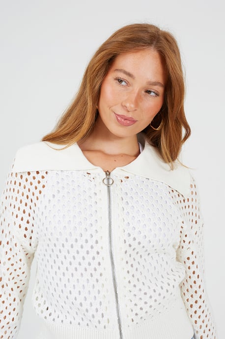 White Crochet Knit Zip Through Cardigan